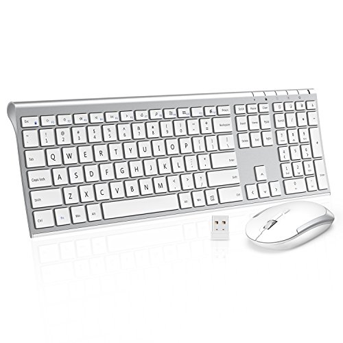 Wireless Keyboard Mouse, Jelly Comb 2.4GHz Ultra Slim Full Size Rechargeable Wireless Keyboard and Mouse Combo for Windows, Laptop, Notebook, PC, Desktop, Computer (White and Silver)