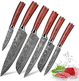 Kitchen Knife Sets, FineTool Professional Chef Knives Set Japanese 7Cr17mov High Carbon Stainless Steel Vegetable Meat Cooking Knife Accessories with Red Solid Wood Handle, 6 Pieces Set Boxed Knife