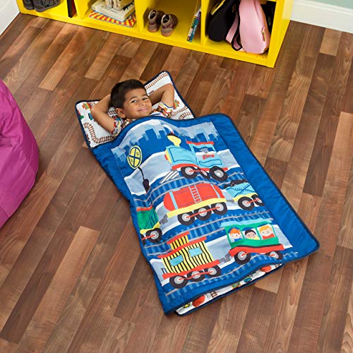 EVERYDAY KIDS Toddler Nap Mat with Removable Pillow -Choo Choo Train- Carry Handle with Fastening Straps Closure, Rollup Design, Soft Microfiber for Preschool, Daycare, Sleeping Bag - Ages 2-6 Years