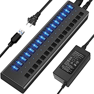 AGEEN USB Hub 3.0 Powered 90W Data Hub, Multiport 16 Port Powered 12V/7.5A Adapter Compatible with Laptop PC Computer Mobile HDD Flash Drive Individual On/Off Switches and Lights Splitter USB 3 Hub