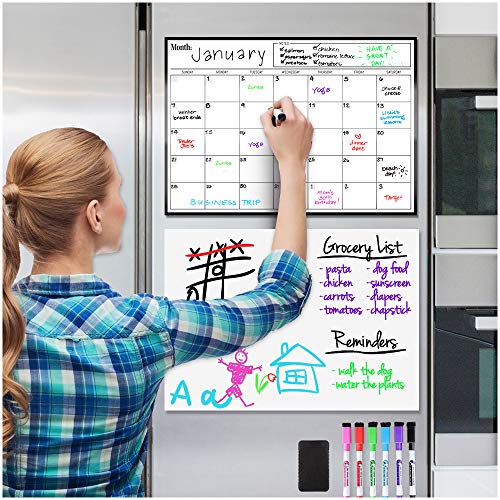 Magnetic Dry Erase Calendar and Whiteboard Bundle for Fridge: 2 Boards Included - 17x12