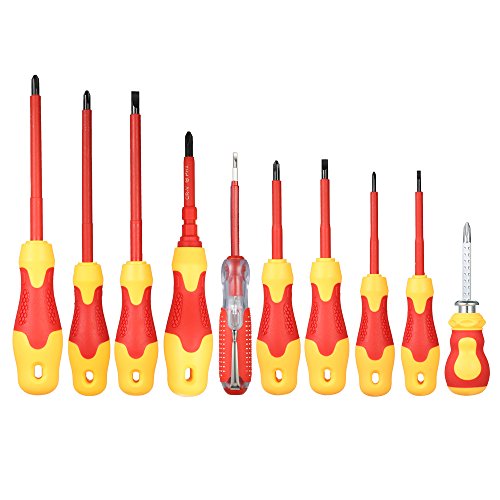 KKmoon 10pcs 1000V Insulated Screwdriver Set with Magnetic Slotted and Phillips Bits Soft Grips Electricians Electrical Work Repair Tools