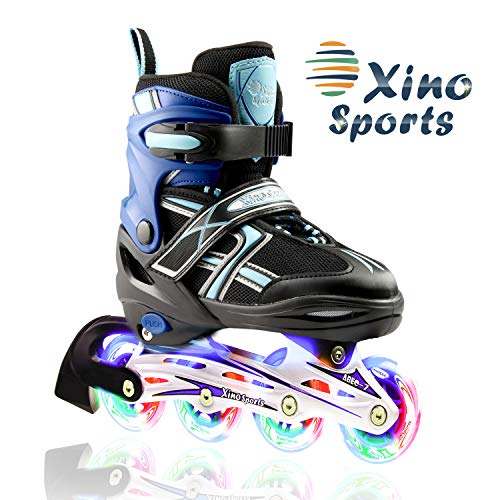 XinoSports Adjustable Children's Inline Skates for Girls & Boys with Light Up Wheels (Ages 5-20)  Roller Blades with Illuminating Wheels for Boys and Girls (Black/Aqua, Youth Big Kid Large - 5-8)