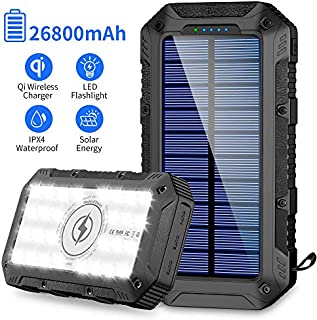 Solar Charger 26800mAh,GRDE Wireless Portable Solar Power Bank Panel Charger with 28 LEDs and 3 USB Output Ports External Backup Battery Huge Capacity Phone Charger for Camping Outdoor for iOS Android