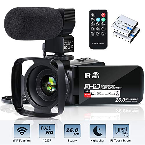 Video Camera Camcorder WiFi FHD 1080P 30FPS 26MP YouTube Vlogging Camera 16X Digital Zoom 3.0 Touch Screen Digital Camera Video Recorder with Microphone Remote Control Lens Hood Infrared Night Vision