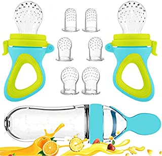 Baby Food Feeder, Fresh Food - 2 Pack Fruit Feeder Pacifier, 6 Different Sized Silicone Teething Pacifiers | 1 Pack Baby Food Dispensing Spoon | Baby Fruit Teether | Baby Feeding Set (Blue)