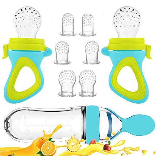 Baby Food Feeder, Fresh Food - 2 Pack Fruit Feeder Pacifier, 6 Different Sized Silicone Teething Pacifiers | 1 Pack Baby Food Dispensing Spoon | Baby Fruit Teether | Baby Feeding Set (Blue)