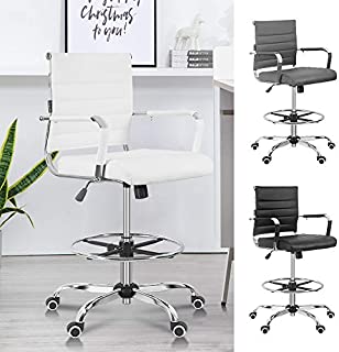 Okeysen Drafting Chair, Ergonomic Tall Office Chair with Adjustable Footrest,Standing Desk Chair with Ribbed Leather Mid Back, Swivel Rolling Desk Stool for Adults. (White)