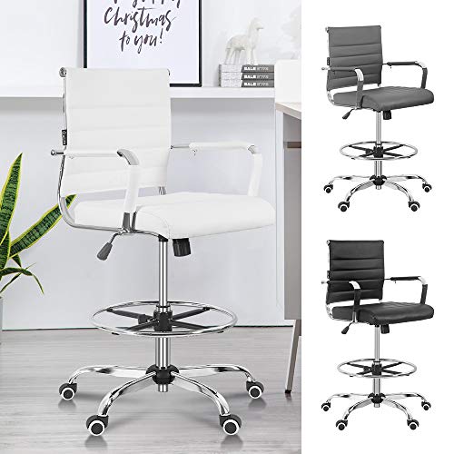 Okeysen Drafting Chair, Ergonomic Tall Office Chair with Adjustable Footrest,Standing Desk Chair with Ribbed Leather Mid Back, Swivel Rolling Desk Stool for Adults. (White)