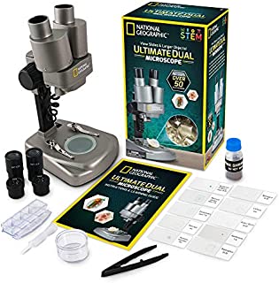 NATIONAL GEOGRAPHIC Dual LED Student Microscope  50+ pc Science Kit Includes Set of 10 Prepared Biological & 10 Blank Slides, Lab Shrimp Experiment, 10x-25x Optical Glass Lenses and more! (Silver)