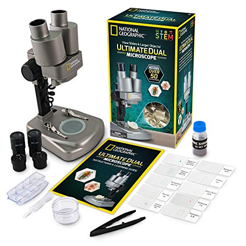 NATIONAL GEOGRAPHIC Dual LED Student Microscope  50+ pc Science Kit Includes Set of 10 Prepared Biological & 10 Blank Slides, Lab Shrimp Experiment, 10x-25x Optical Glass Lenses and more! (Silver)