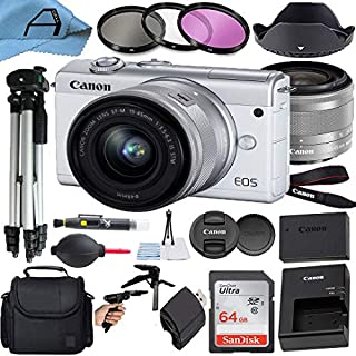 Canon EOS M200 Mirrorless Digital Vlogging Camera with EF-M 15-45mm is STM Zoom Lens, SanDisk 64GB Memory Card, Case, Tripod, 3 Pack Filters and A-Cell Accessory Bundle (White)