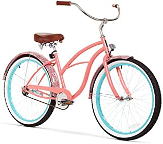 sixthreezero Women's Single Speed Beach Cruiser Bicycle, Paisley Coral Pink w/Brown Seat/Grips, 26