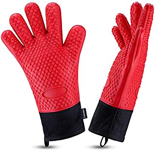 Oven Gloves, Heat Resistant Cooking Gloves Silicone Grilling Gloves Long Waterproof BBQ Kitchen Oven Mitts with Inner Cotton Layer for Barbecue, Cooking, Baking -Red