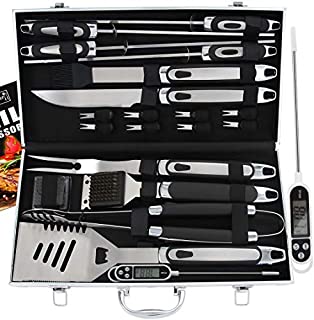 ROMANTICIST 21pc BBQ Grill Accessories Set with Thermometer - The Very Best Grill Gift on Birthday Wedding - Heavy Duty Stainless Steel Grill Utensils with Non-Slip Handle in Aluminum Case