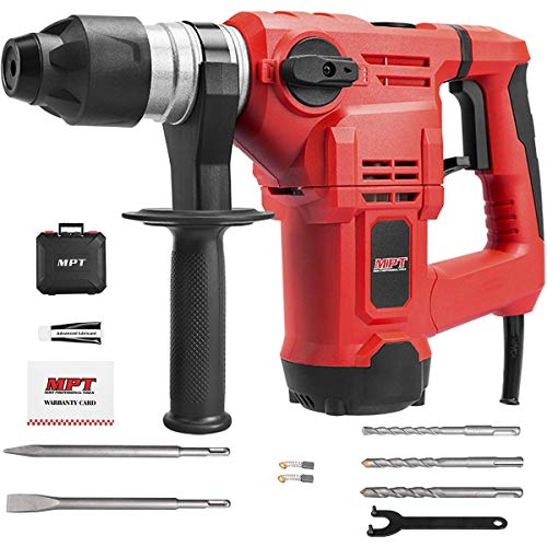 MPT 1-1/4 Inch SDS-plus 12 Amp Heavy Duty Rotary Hammer Drill,3 Functions Vi'b'ration control Reverse and Variable Speed,Include 3 Drill Bits,Grease,Chisel with Case