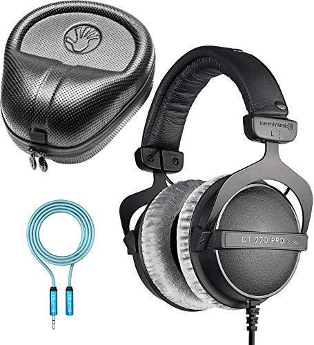 Beyerdynamic DT 770 PRO 80 Ohm Closed Back Headphones for Smartphones, Laptops, Computers Bundle with Full-Sized HardBody Pro Headphone Case, and Blucoil 6-FT Headphone Extension Cable (3.5mm)