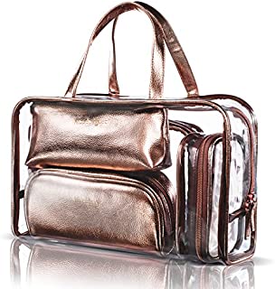 NiceEbag 5 in 1 Cosmetic Bag & Case Portable Carry on Travel Toiletry Bag Clear PVC Makeup Train Case Quart Luggage Pouch Transparent Handbag Beach Tote Bag Organizer for Men and Women (Rose Gold)