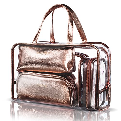 NiceEbag 5 in 1 Cosmetic Bag & Case Portable Carry on Travel Toiletry Bag Clear PVC Makeup Train Case Quart Luggage Pouch Transparent Handbag Beach Tote Bag Organizer for Men and Women (Rose Gold)