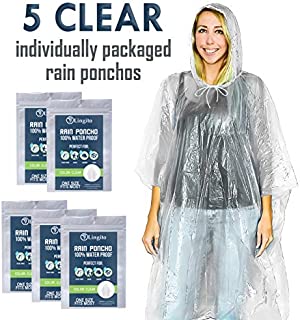 Lingito 5 Clear Emergency Rain Ponchos for Adults, Thicker, 100% Waterproof Emergency Rain Poncho- for Amusement Parks, Hikes, Camping and Concerts