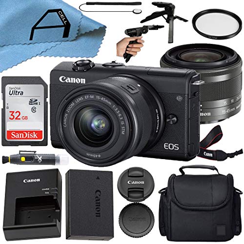 Canon EOS M200 Compact Mirrorless Digital Vlogging Camera with EF-M 15-45mm is STM Zoom Lens, SanDisk 32GB Memory Card, Case, Tripod and A-Cell Accessory Bundle (Black)