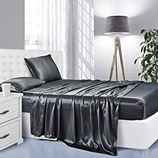 Silk Satin Sheets, 4-Piece Full Size Satin Bed Sheet Set with Deep Pockets, Cooling and Soft Hypoallergenic Satin Sheets Full - Grey