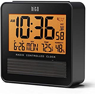 hito 3.7 Atomic Travel Alarm Clock with Solar Panel, Date Day Indoor Temperature Humidity, Amber Backlight- Battery Operated