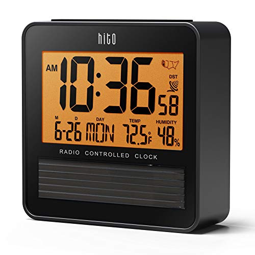 hito 3.7 Atomic Travel Alarm Clock with Solar Panel, Date Day Indoor Temperature Humidity, Amber Backlight- Battery Operated