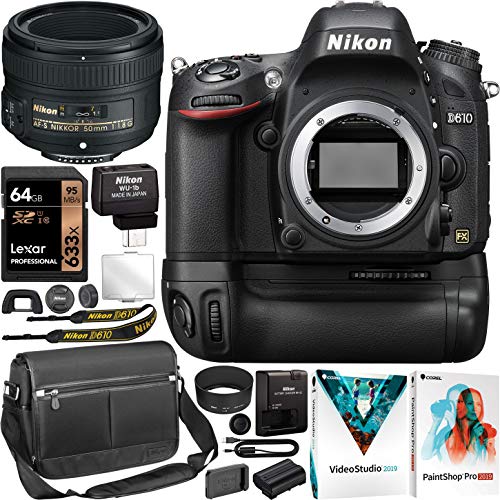 Nikon D610 Full-Frame DSLR Camera FX Digital SLR Body AF-S NIKKOR 50mm F1.8G Lens Bundle with MB-D14 Battery Grip + Wireless Mobile Adapter Camera Bag Case + 64GB Card + Photo Video Software