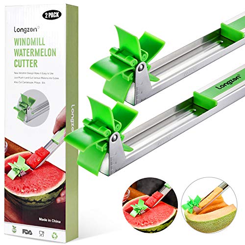 [2 Pack] Longzon Watermelon Windmill Cutter Slicer - Stainless Steel Windmill Watermelon Knife Tongs, Fruit Kitchen Gadget for Melon Cutter And Cantaloupe Scooper, Windmill Shape Tool for Fruit Salad