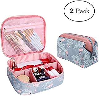 2 Pcs Toiletry Bag Multifunction Makeup Cosmetic Bags Organizer Portable Travel Cube Case for Women Large Make-up Brushes Pouch (Blue Flamingo)