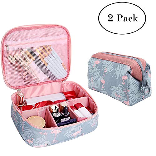 2 Pcs Toiletry Bag Multifunction Makeup Cosmetic Bags Organizer Portable Travel Cube Case for Women Large Make-up Brushes Pouch (Blue Flamingo)