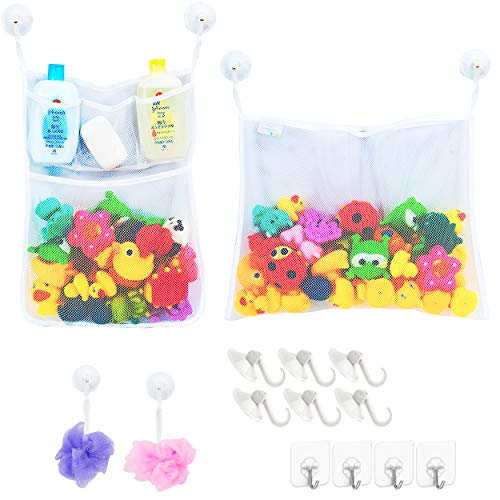 2 x Mesh Bath Toy Organizer + 6 Ultra Strong Hooks  The Perfect Bathtub Toy Holder & Bathroom or Shower Caddy  These Multi-use Net Bags Make Baby Bath Toy Storage Easy  For Kids & Toddlers