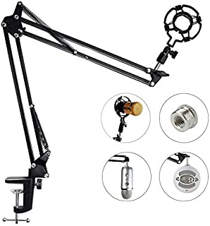 Upgraded Adjustable Microphone Suspension Boom Scissor Arm Stand with Shock Mount Mic Clip Holder 3/8 to 5/8 Screw Adapter -for Blue Yeti, Snowball & Other Microphones (stand with adapter)