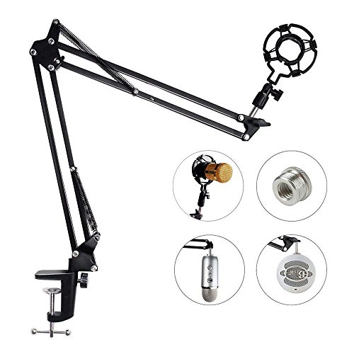 Upgraded Adjustable Microphone Suspension Boom Scissor Arm Stand with Shock Mount Mic Clip Holder 3/8 to 5/8 Screw Adapter -for Blue Yeti, Snowball & Other Microphones (stand with adapter)