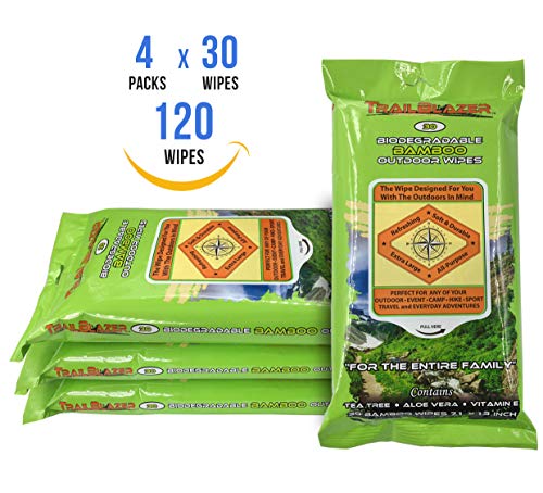 Trailblazer Biodegradable Wet Wipes for No Rinse Bathing and Showers. Great for Camping, Travel, Body Cleansing, Personal Hygiene and Cleaning. Vitamin E and Aloe Enriche (4 Packs)