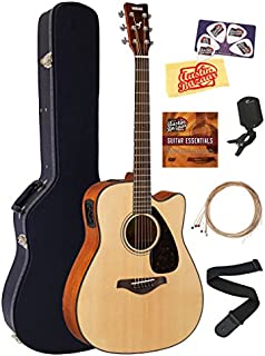 Yamaha FGX800C Solid Top Folk Acoustic-Electric Guitar - Natural Bundle with Hard Case, Tuner, Strings, Strap, Picks, Austin Bazaar Instructional DVD, and Polishing Cloth