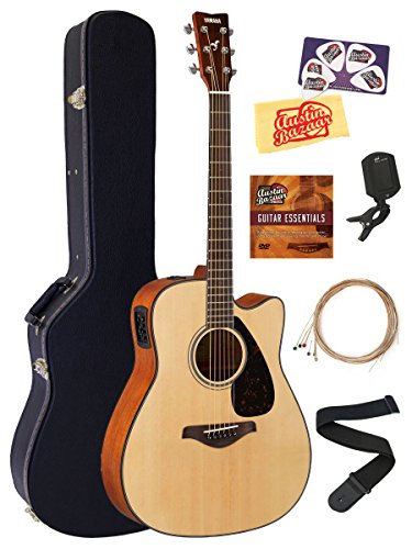 Yamaha FGX800C Solid Top Folk Acoustic-Electric Guitar - Natural Bundle with Hard Case, Tuner, Strings, Strap, Picks, Austin Bazaar Instructional DVD, and Polishing Cloth