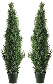 Two 4 Foot Outdoor Artificial Cedar Topiary Trees Uv Rated Potted Plants