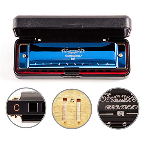 JSL Harmonica, Standard Diatonic Key of C 10 Holes 20 Tones Blues Mouth Organ Harp For Kids, Beginners, Professional, Students (Blues)