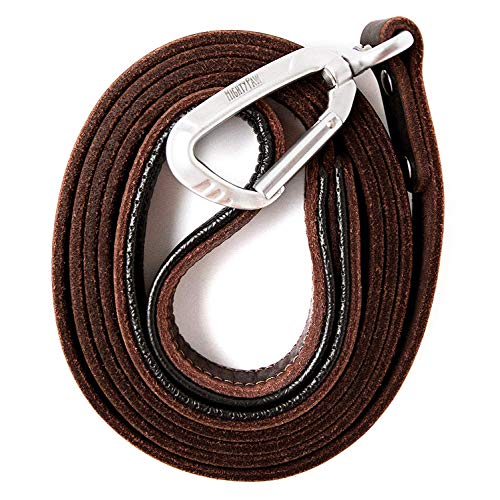 Mighty Paw Leather Dog Leash | 6 Ft Leash. Super Soft Padded Handle Leather Lead with Extra D-Ring for Waste Bags. Strong Climbers Clip, Perfect Medium and Large Dog Leash. (Brown)