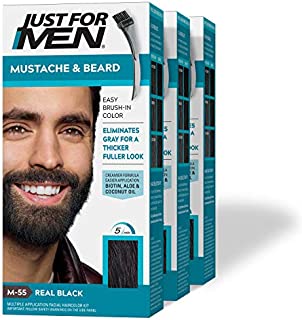 Just For Men Mustache and Beard, Beard Coloring for Gray Hair with Brush Included - Color: Real Black, M-55 (Pack of 3)