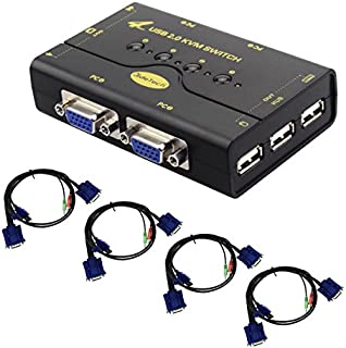 4 Port VGA KVM Switch with USB Hub and Audio Mic Support Wireless Keyboard Mouse Connection and Push Button Switching Function