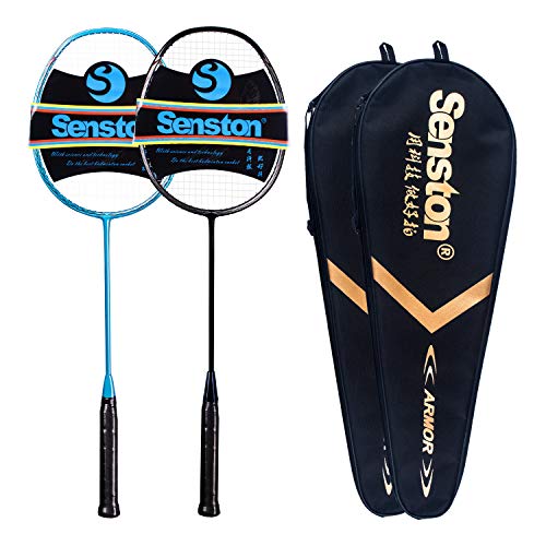 Senston N80-2 Pack Graphite High-Grade Badminton Racquet, Professional Carbon Fiber Badminton Racket Included Black Blue Color Rackets 2 Carrying Bag