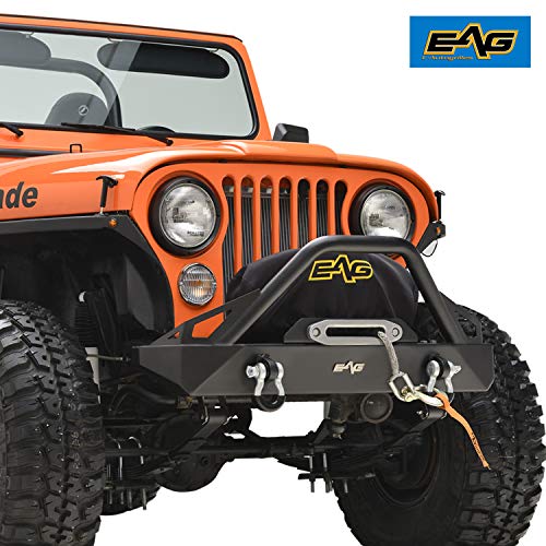 EAG Stubby Front Bumper with Winch Plate and D-Rings Black Textured Fit for 76-86 Jeep Wrangler CJ