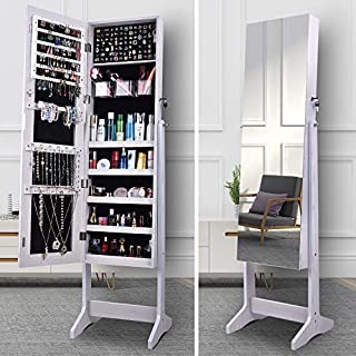ORAF Jewelry Organizer, Jewelry Armoire Cabinet Standing Jewelry box with Full body Mirror and Large Storage Lockable Wooden Cabinet (White, 47'' Mirror, Regular)