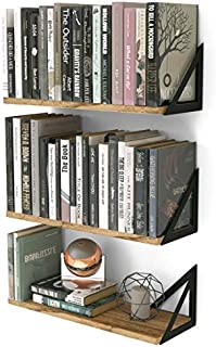 Wallniture Minori Floating Shelves Set of 3, Small Bookshelf Unit for Living Room, Office, and Bedroom, Natural Burned Rustic Wood Wall Decor with Metal Floating Shelf Bracket