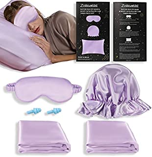 ZNÖCUETÖD Silk Satin Pillowcase Standard Size Set of 2 for Hair and Skin,Plus Luxury Night Sleeping Hair Bonnet Cap and Soft Lavender Sleep Eye Mask (Light Purple, Standard Size (20