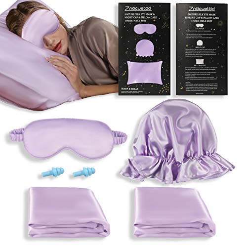 ZNÖCUETÖD Silk Satin Pillowcase Standard Size Set of 2 for Hair and Skin,Plus Luxury Night Sleeping Hair Bonnet Cap and Soft Lavender Sleep Eye Mask (Light Purple, Standard Size (20