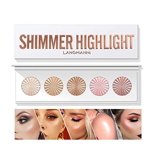 HIROCK 5 Colors Makeup Palette, Highlighter and Contour Palette, Compact Highlighting Shimmering Bronzer Powder, Pearlescent Formula Highlighter Palette